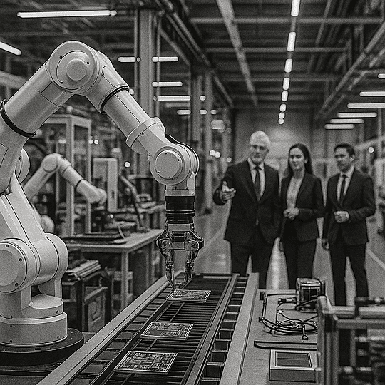 Three executives in a robotic manufacturing demonstration. 